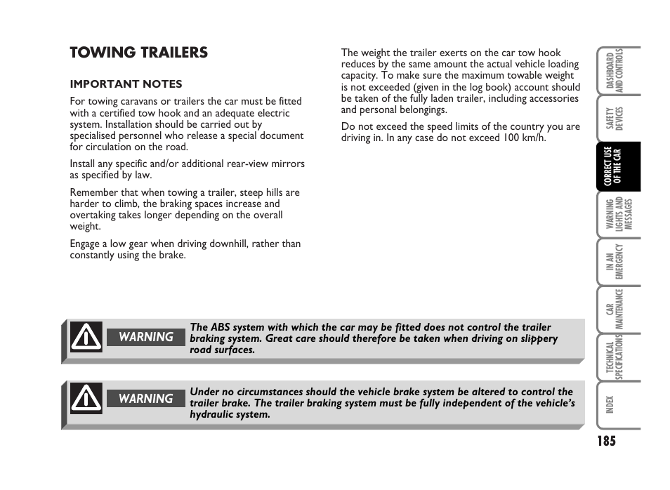 Towing trailers, Warning | FIAT Idea User Manual | Page 186 / 314