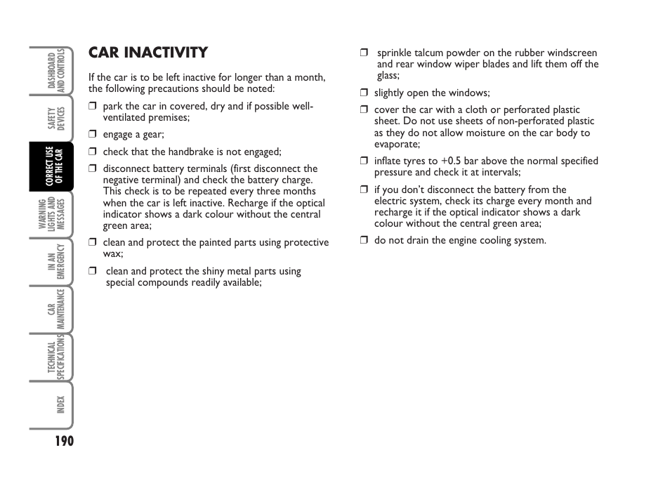 Car inactivity | FIAT Idea User Manual | Page 191 / 314