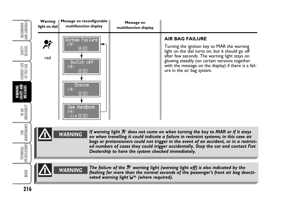 Warning | FIAT Idea User Manual | Page 217 / 314