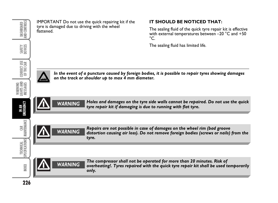 Warning | FIAT Idea User Manual | Page 227 / 314