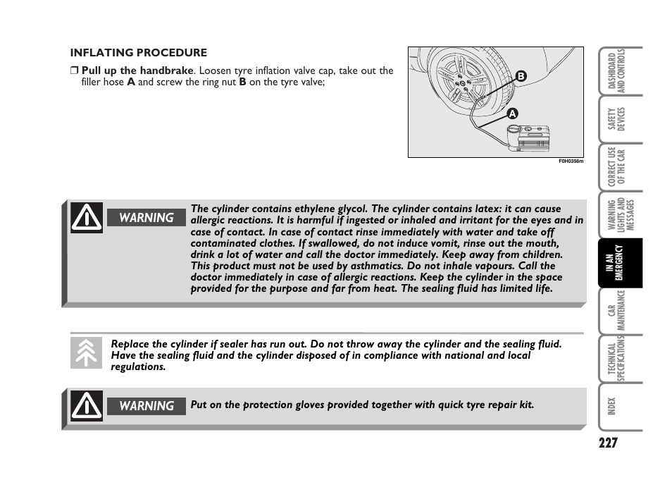 Warning | FIAT Idea User Manual | Page 228 / 314