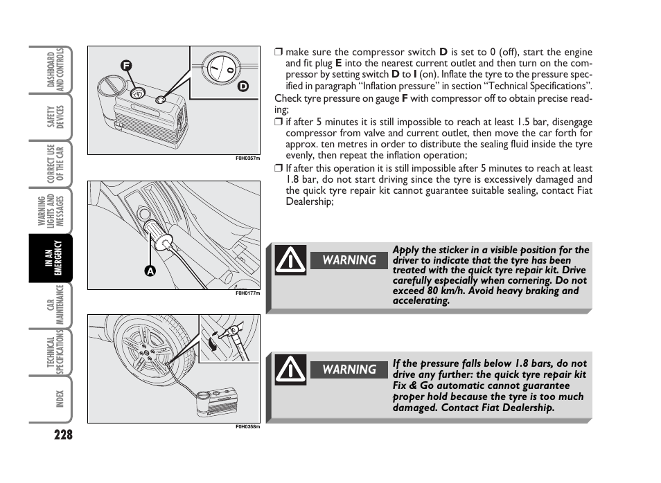 Warning | FIAT Idea User Manual | Page 229 / 314