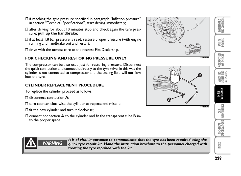 Warning | FIAT Idea User Manual | Page 230 / 314