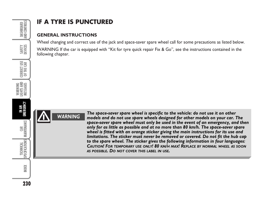 If a tyre is punctured, Warning | FIAT Idea User Manual | Page 231 / 314