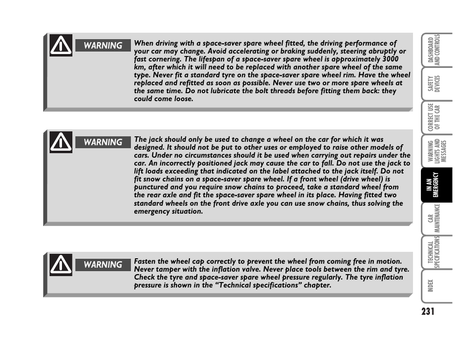 Warning | FIAT Idea User Manual | Page 232 / 314