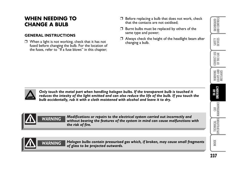 When needing to change a bulb, Warning | FIAT Idea User Manual | Page 238 / 314