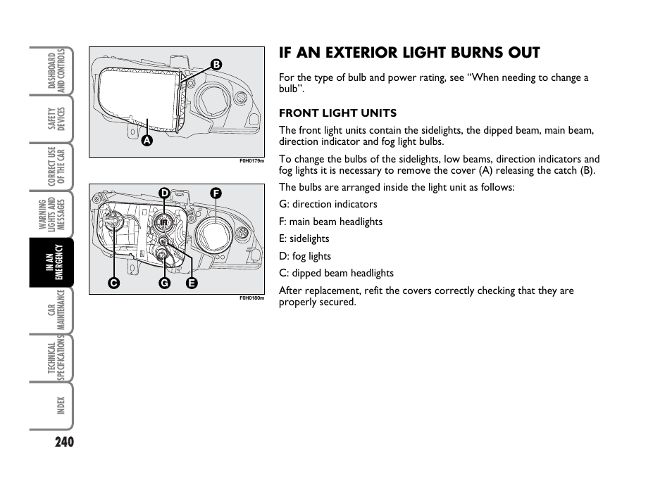 If an exterior light burns out | FIAT Idea User Manual | Page 241 / 314