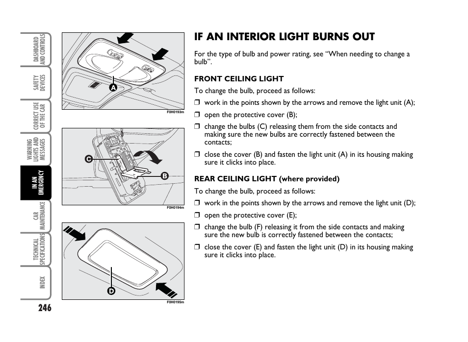 If an interior light burns out | FIAT Idea User Manual | Page 247 / 314