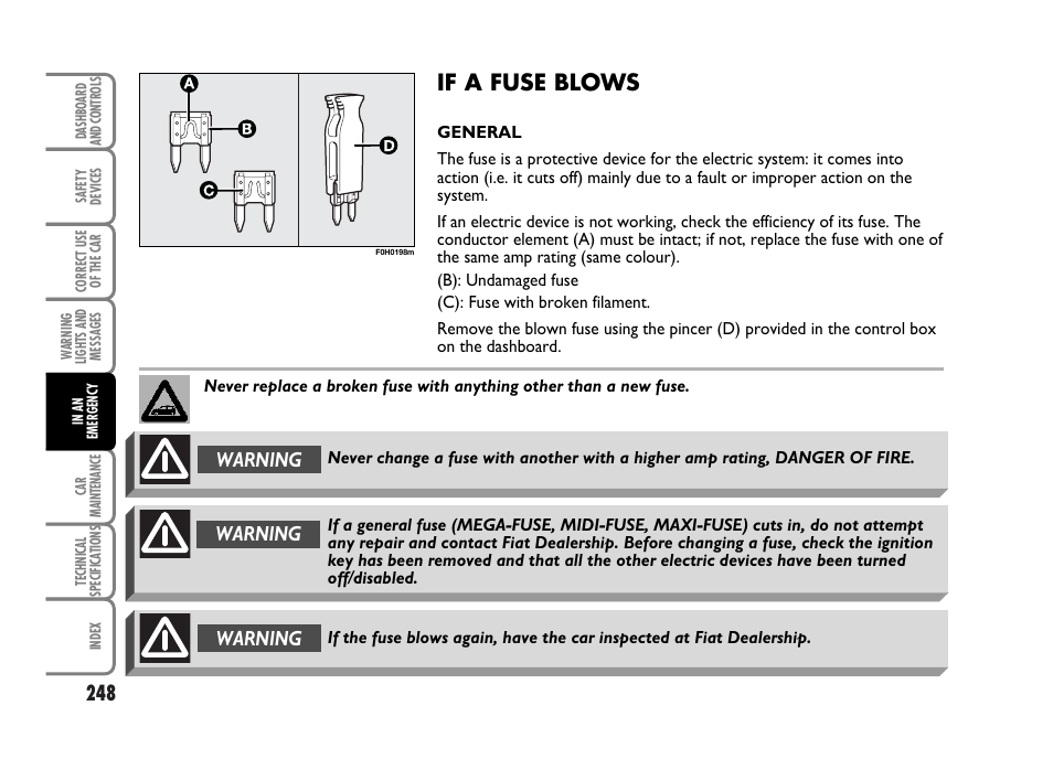 If a fuse blows, Warning | FIAT Idea User Manual | Page 249 / 314