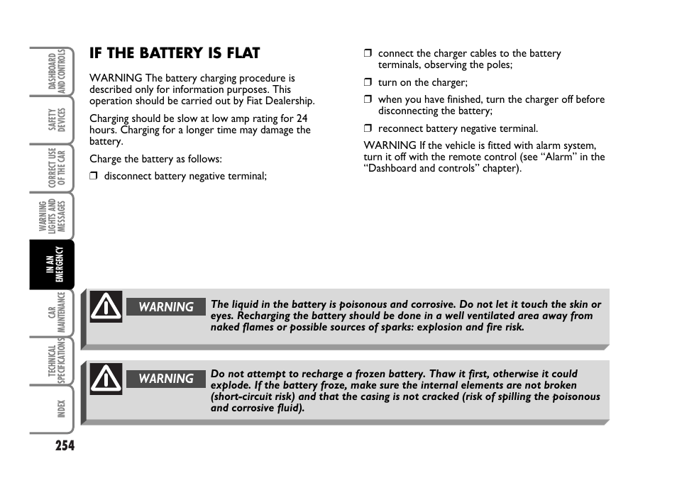 If the battery is flat, Warning | FIAT Idea User Manual | Page 255 / 314