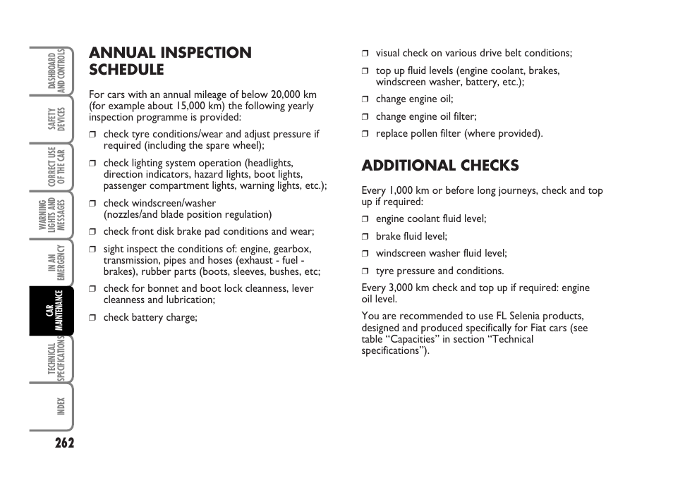 Annual inspection schedule, Additional checks | FIAT Idea User Manual | Page 263 / 314