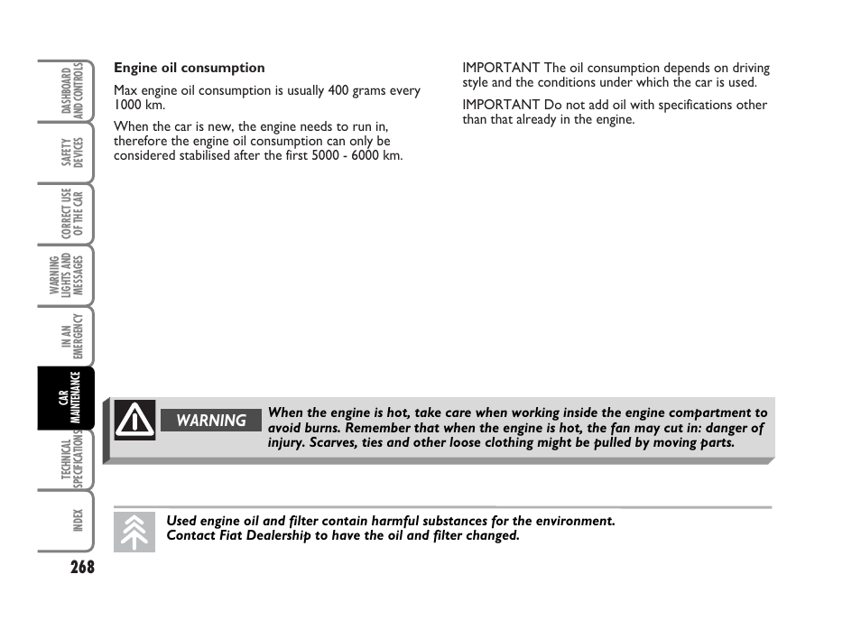 Warning | FIAT Idea User Manual | Page 269 / 314