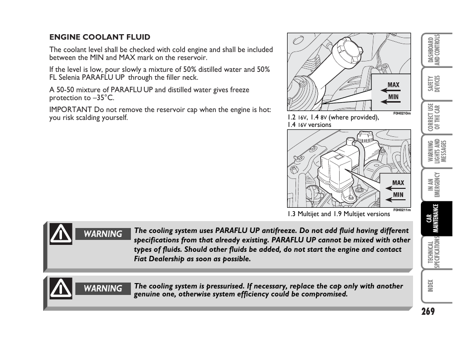 Warning | FIAT Idea User Manual | Page 270 / 314