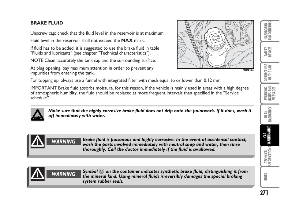 Warning | FIAT Idea User Manual | Page 272 / 314