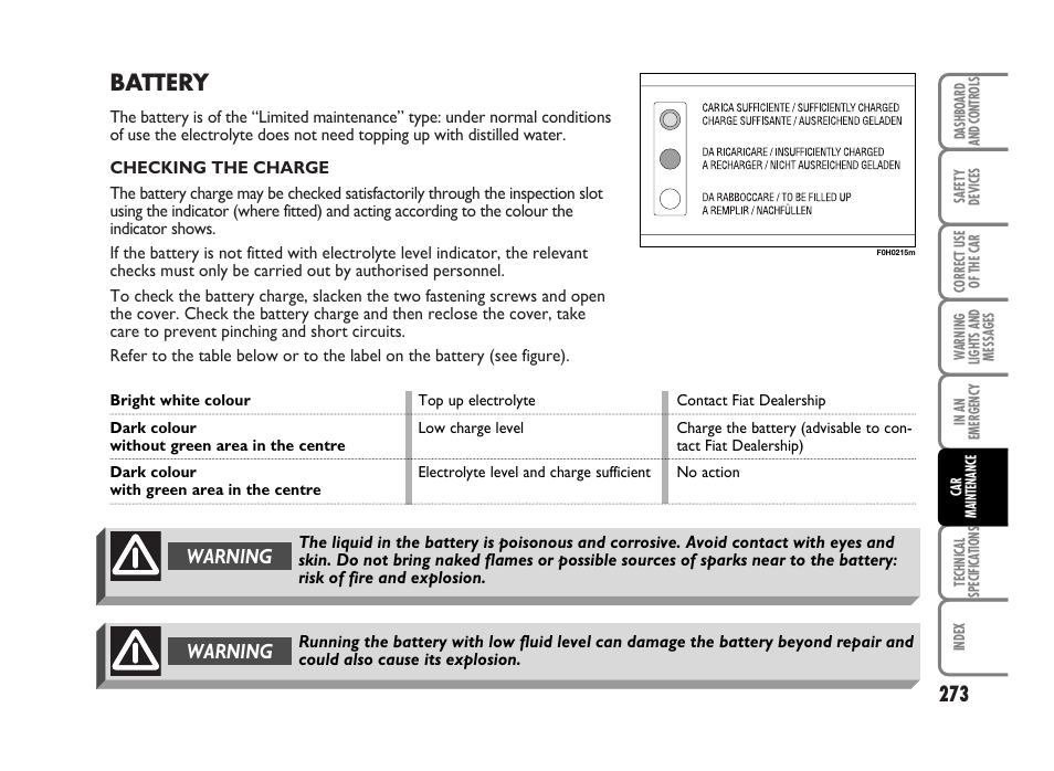 Battery, Warning | FIAT Idea User Manual | Page 274 / 314