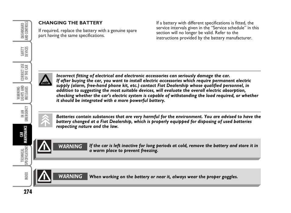 Warning | FIAT Idea User Manual | Page 275 / 314