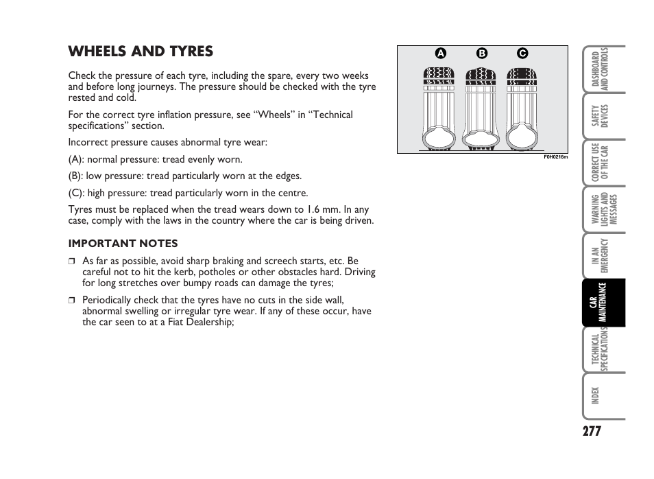 Wheels and tyres | FIAT Idea User Manual | Page 278 / 314