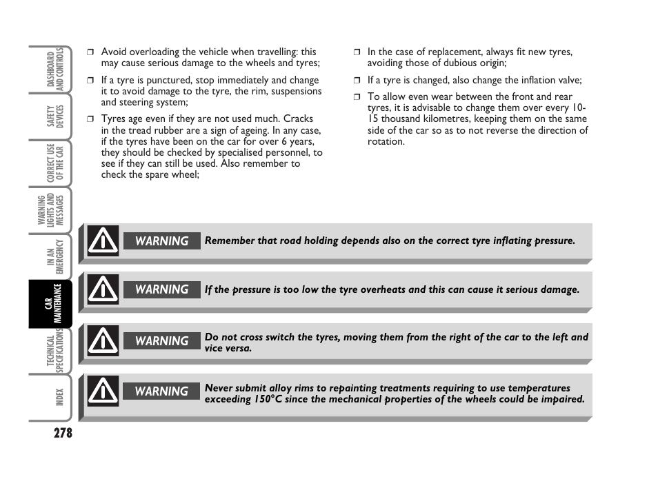 Warning | FIAT Idea User Manual | Page 279 / 314