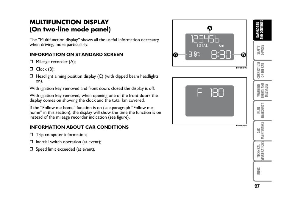 Multifunction display (on two-line mode panel) | FIAT Idea User Manual | Page 28 / 314