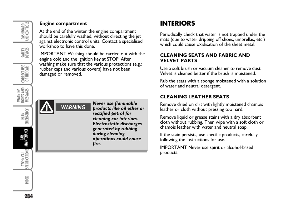 Interiors, Warning | FIAT Idea User Manual | Page 285 / 314