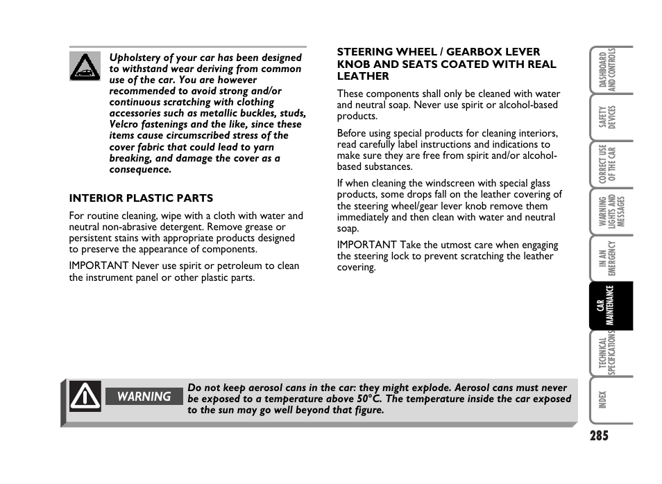 Warning | FIAT Idea User Manual | Page 286 / 314