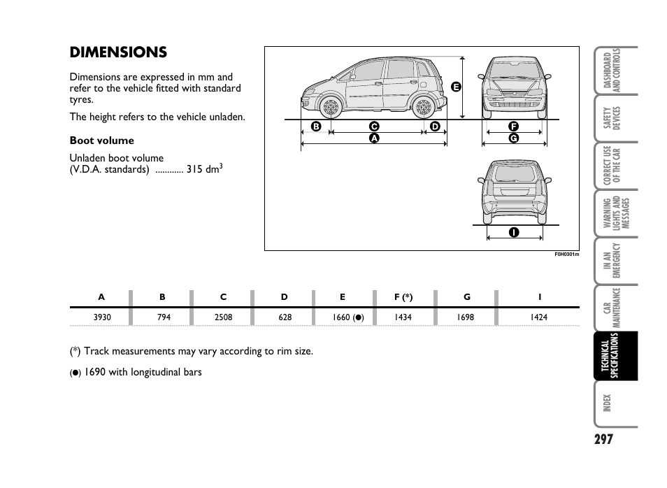 Dimensions | FIAT Idea User Manual | Page 298 / 314