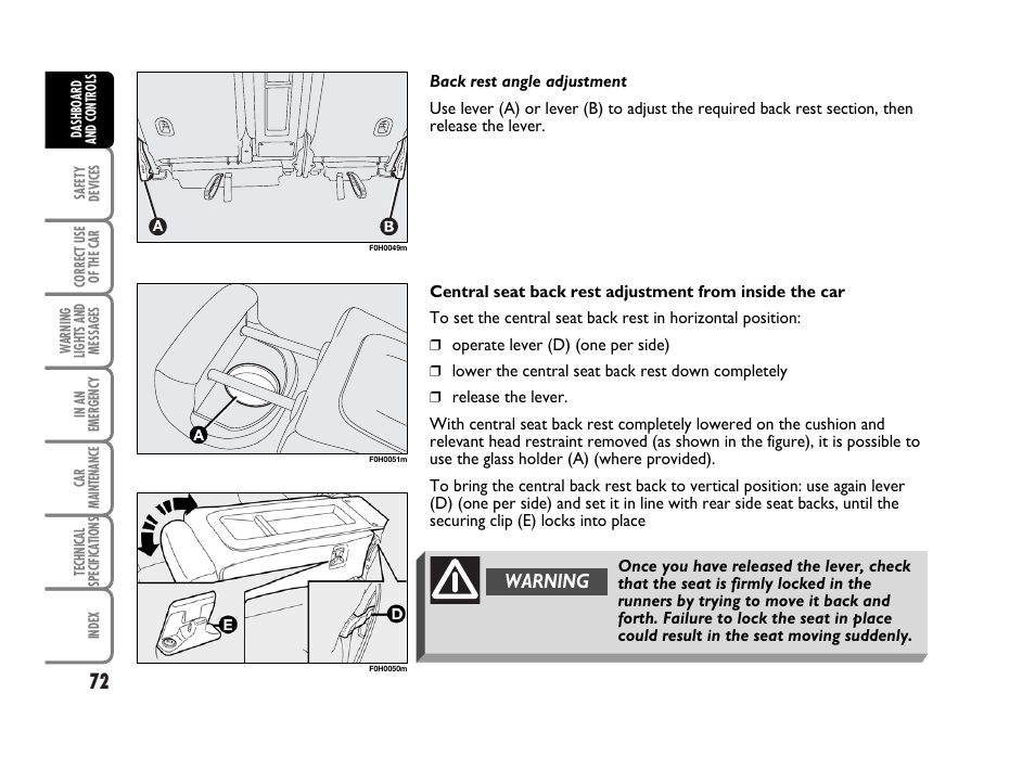 Warning | FIAT Idea User Manual | Page 73 / 314