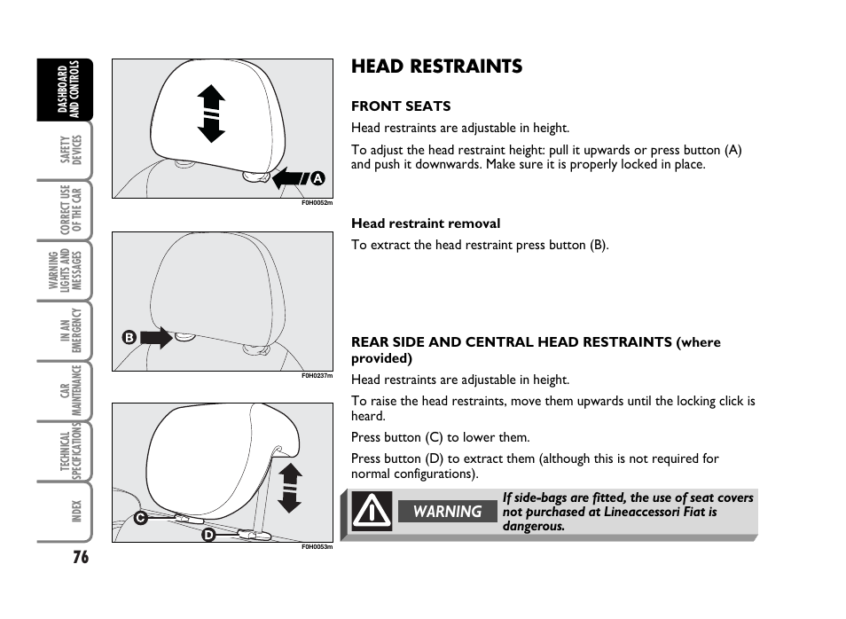 Head restraints, Warning | FIAT Idea User Manual | Page 77 / 314