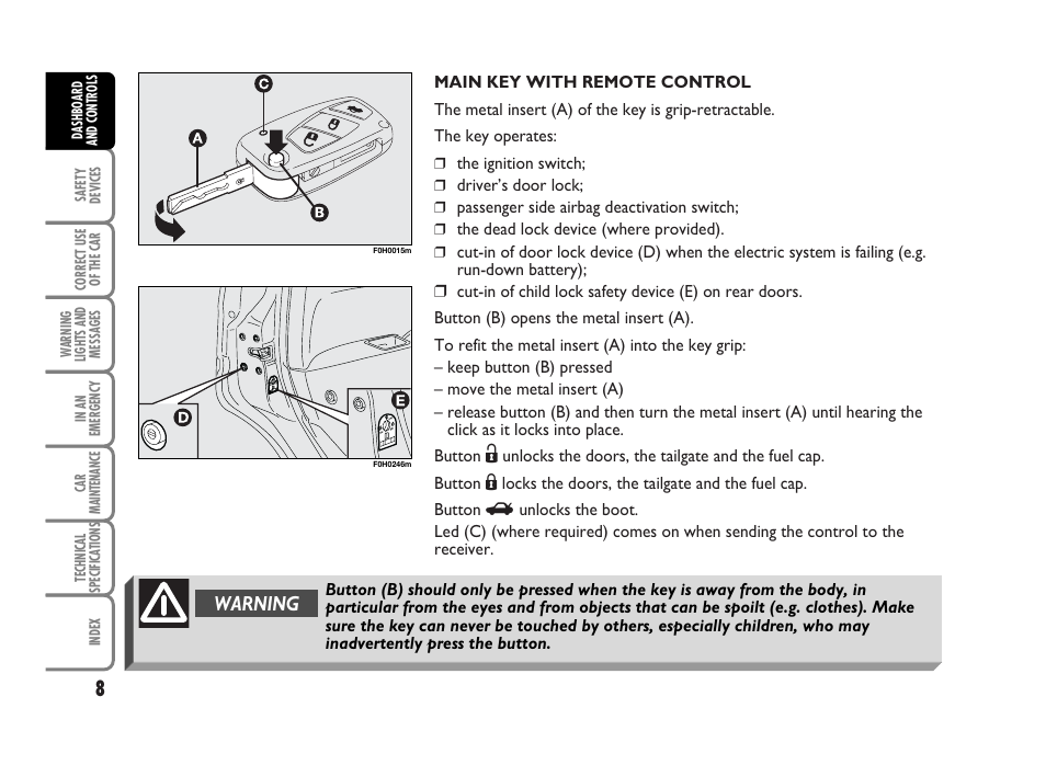 Warning | FIAT Idea User Manual | Page 9 / 314