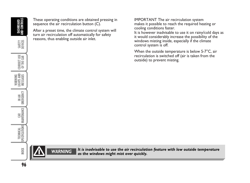 Warning | FIAT Idea User Manual | Page 97 / 314