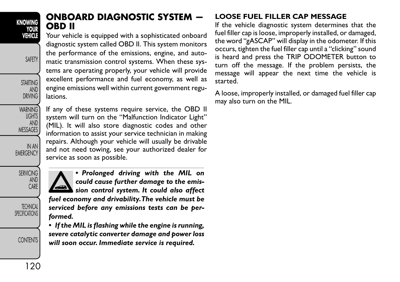 Onboard diagnostic system — obd ii | FIAT Freemont User Manual | Page 126 / 332