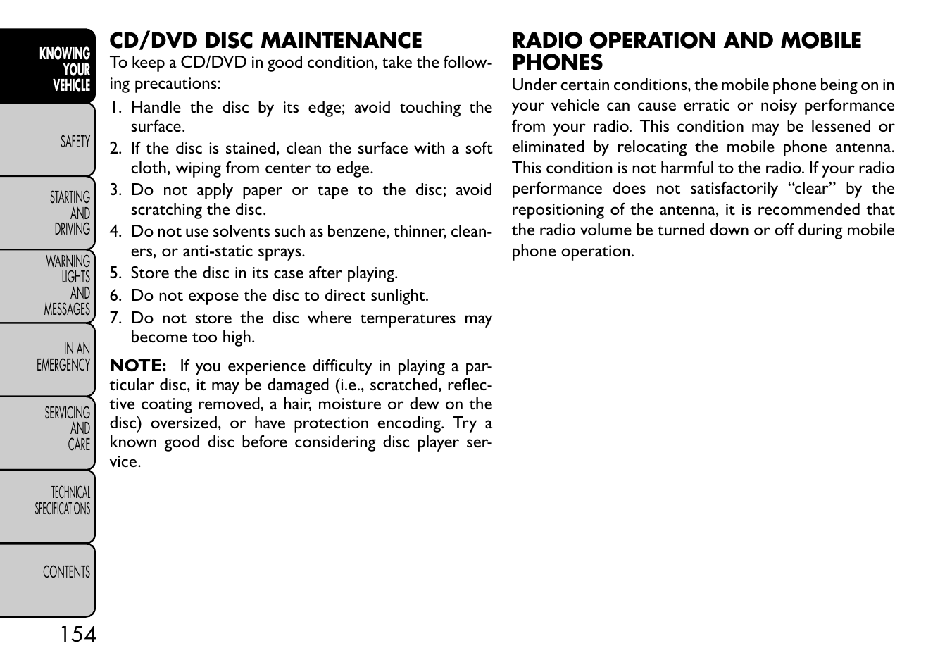 Cd/dvd disc maintenance, Radio operation and mobile phones | FIAT Freemont User Manual | Page 160 / 332