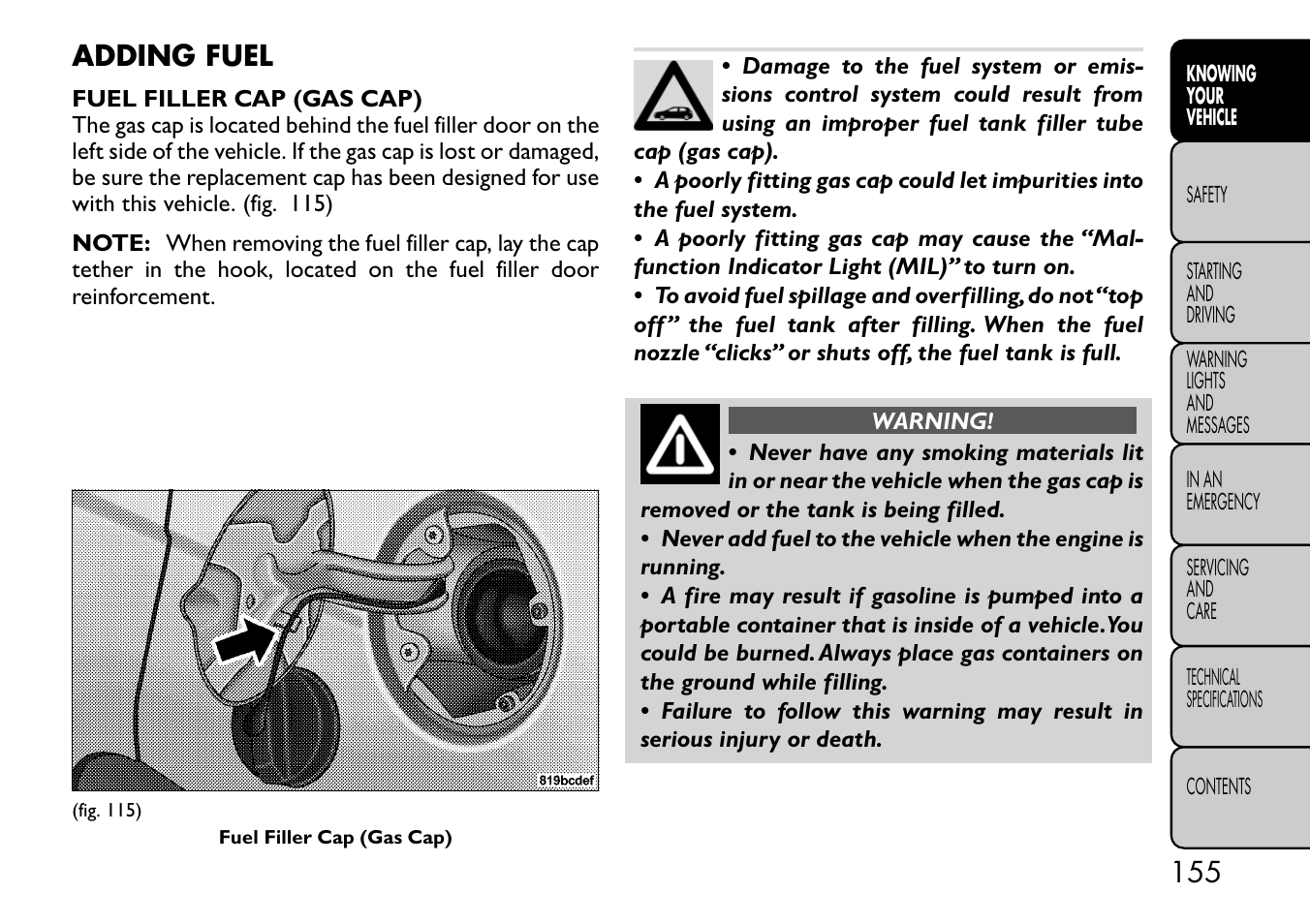 Adding fuel | FIAT Freemont User Manual | Page 161 / 332