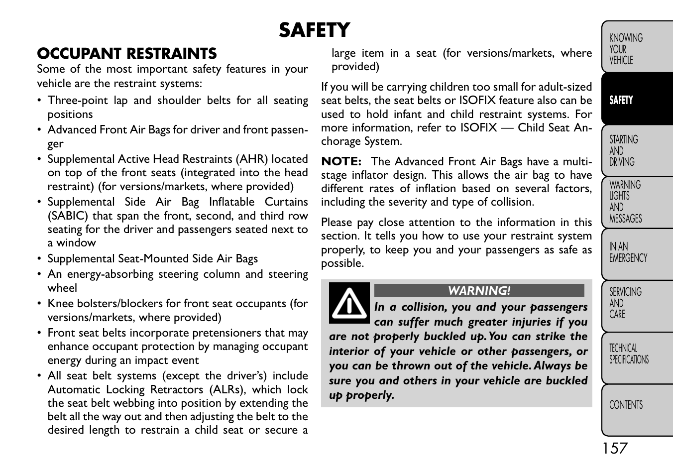 Safety, Occupant restraints | FIAT Freemont User Manual | Page 163 / 332