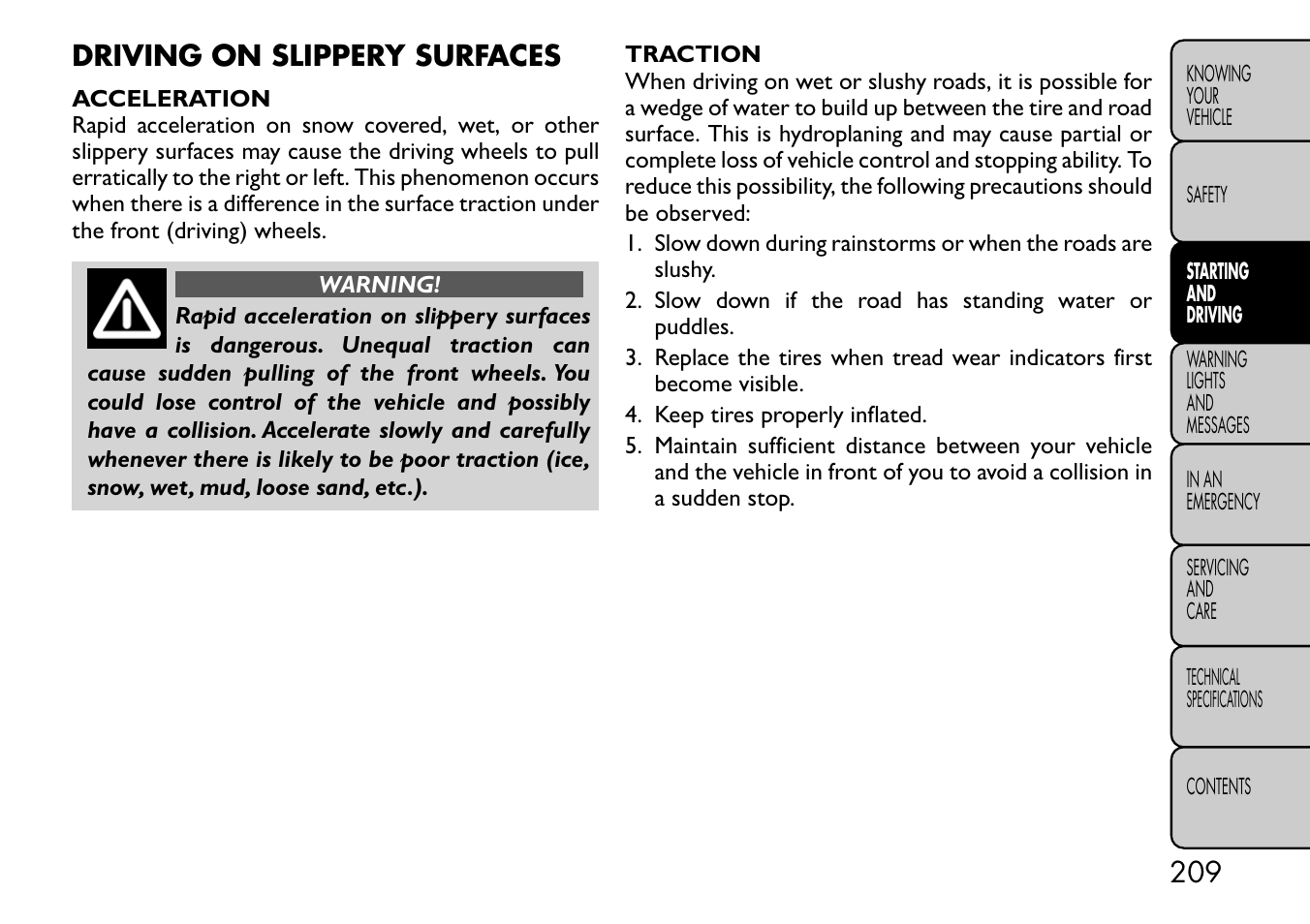 Driving on slippery surfaces | FIAT Freemont User Manual | Page 215 / 332