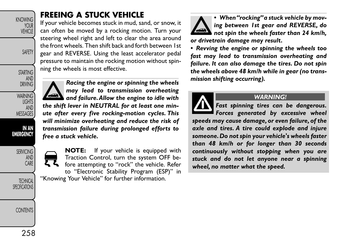 Freeing a stuck vehicle | FIAT Freemont User Manual | Page 264 / 332