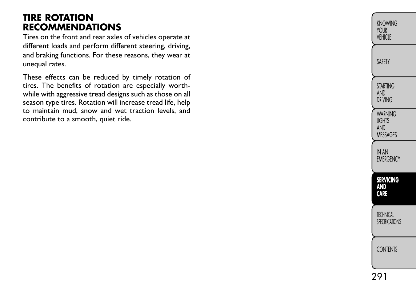 Tire rotation recommendations | FIAT Freemont User Manual | Page 297 / 332