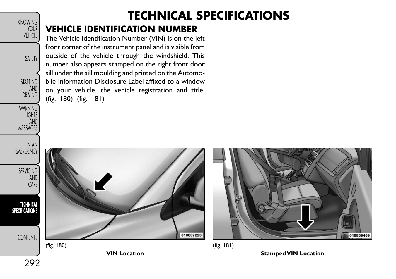 Technical specifications, Vehicle identification number | FIAT Freemont User Manual | Page 298 / 332