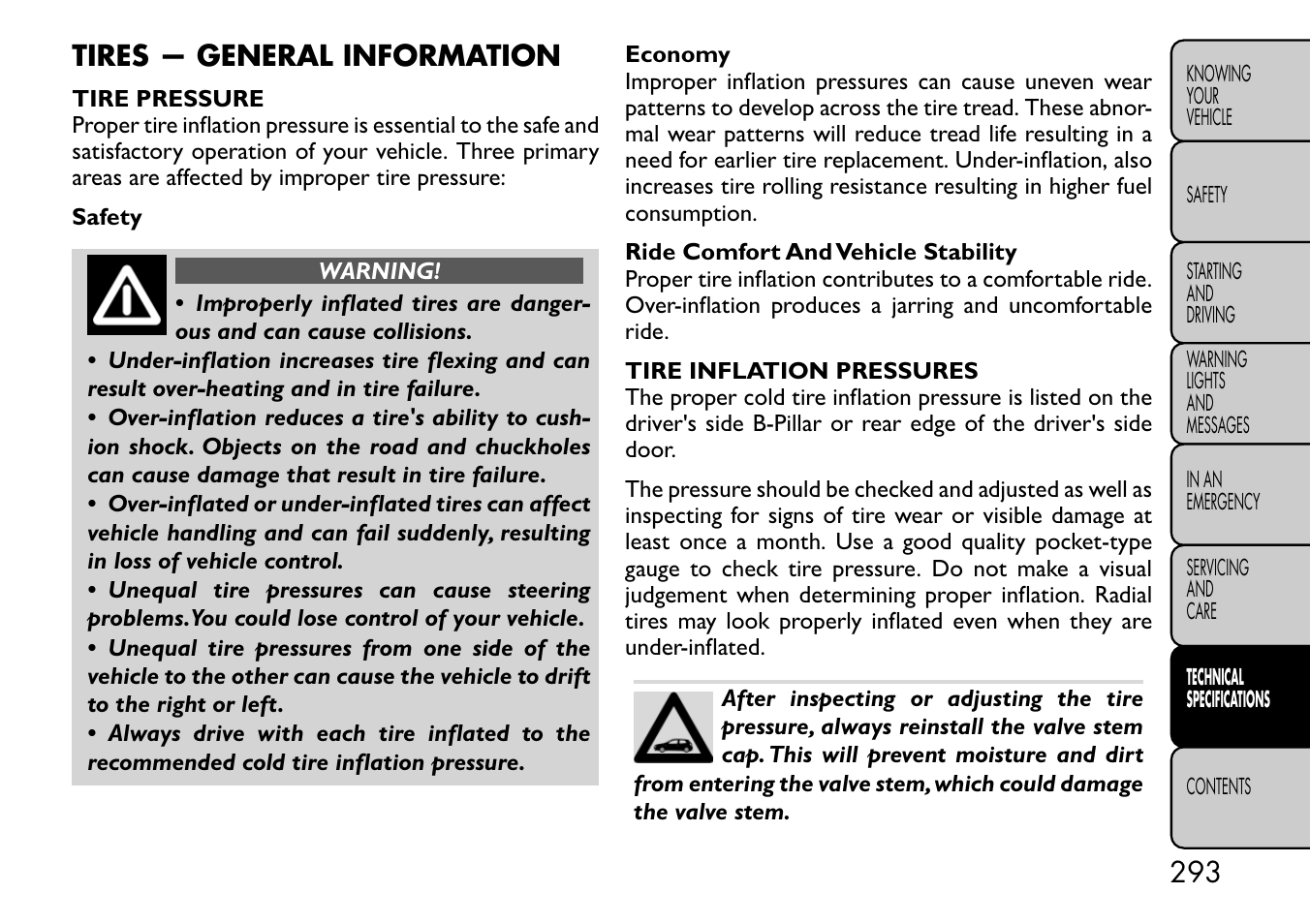 Tires — general information | FIAT Freemont User Manual | Page 299 / 332