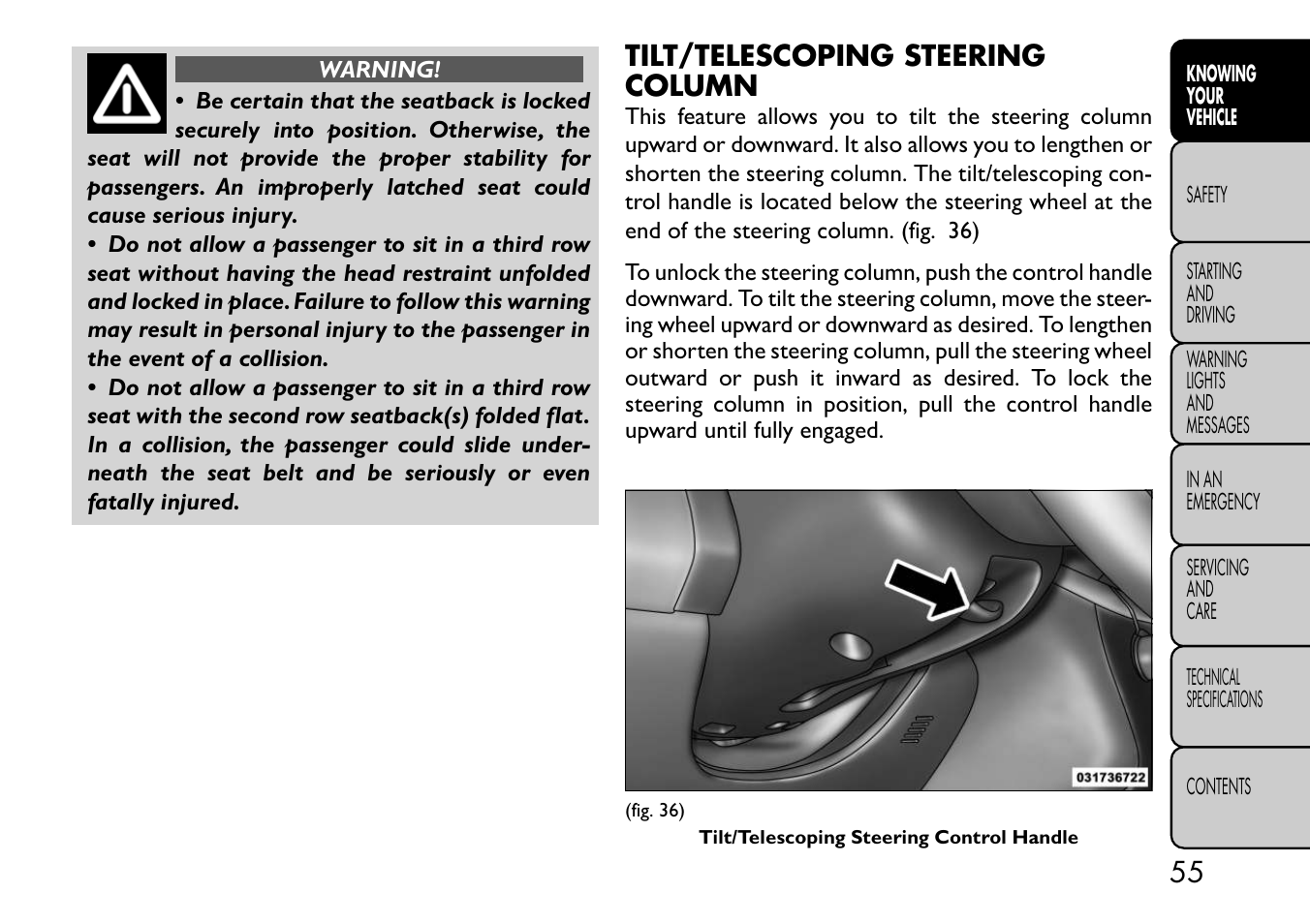 Tilt/telescoping steering column | FIAT Freemont User Manual | Page 61 / 332