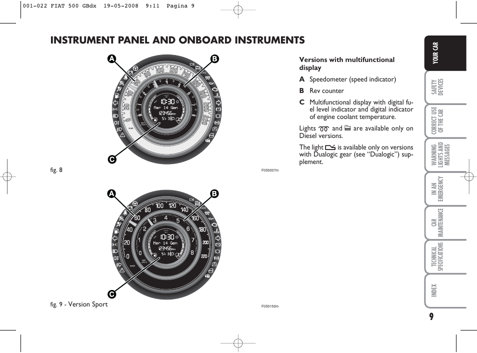 Instrument panel and onboard instruments | FIAT 500 User Manual | Page 10 / 178