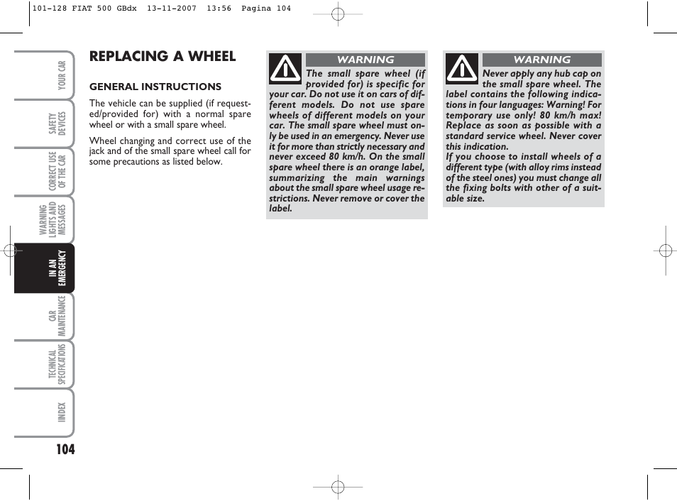 Replacing a wheel | FIAT 500 User Manual | Page 105 / 178