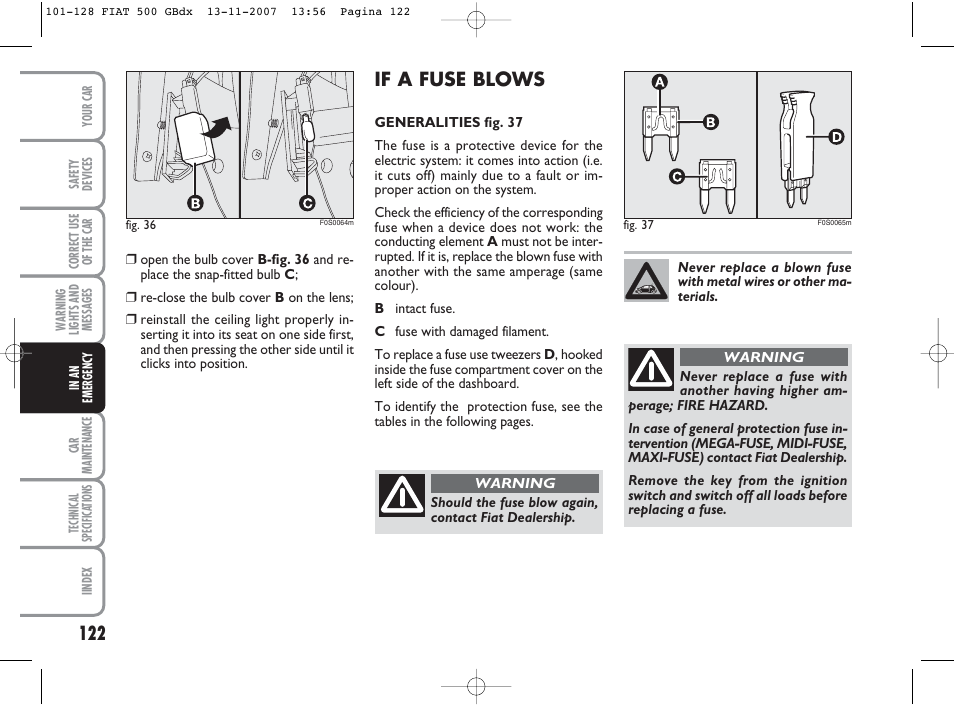 If a fuse blows | FIAT 500 User Manual | Page 123 / 178