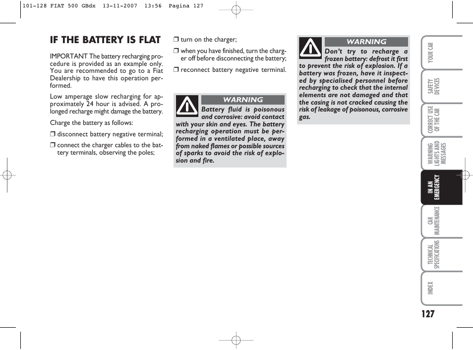 If the battery is flat | FIAT 500 User Manual | Page 128 / 178