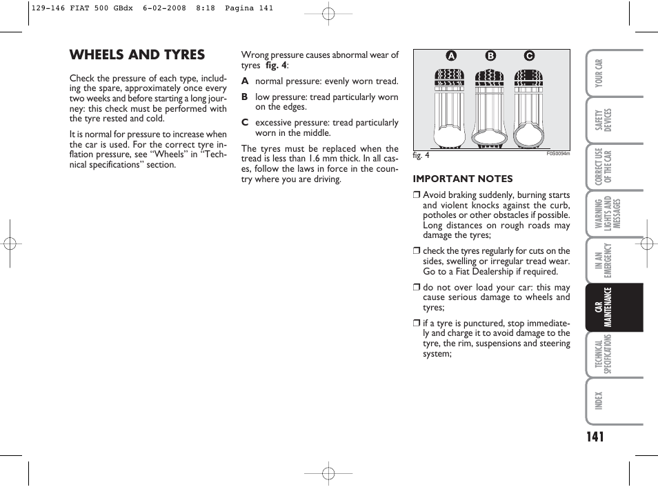 Wheels and tyres | FIAT 500 User Manual | Page 142 / 178