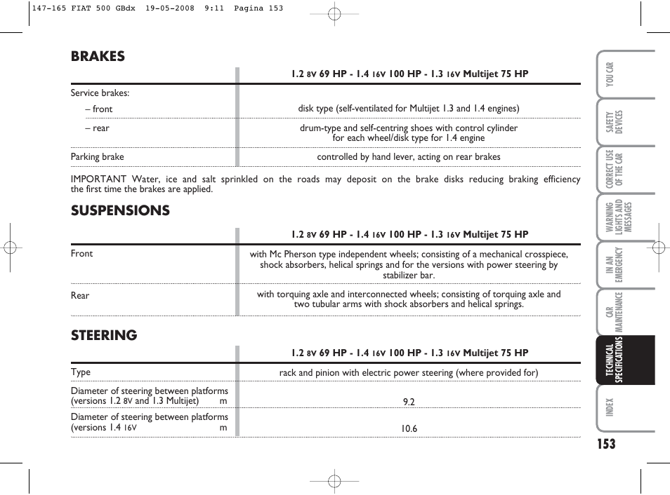Suspensions, Brakes, Steering | FIAT 500 User Manual | Page 154 / 178