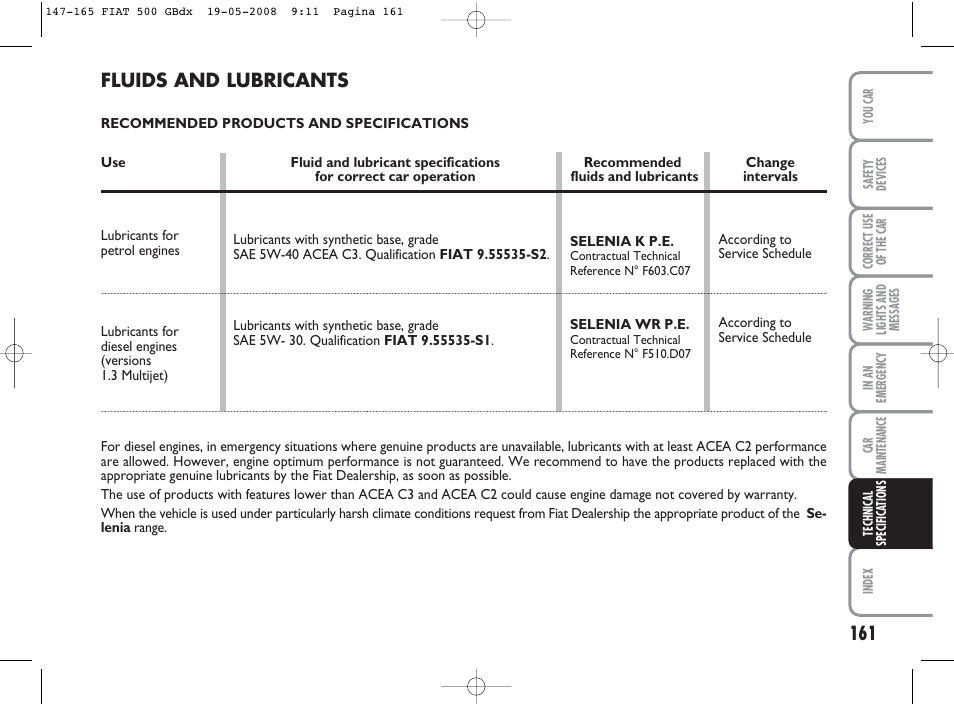 Fluids and lubricants | FIAT 500 User Manual | Page 162 / 178