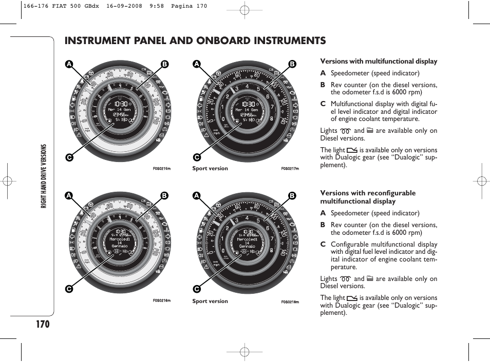 Instrument panel and onboard instruments | FIAT 500 User Manual | Page 171 / 178