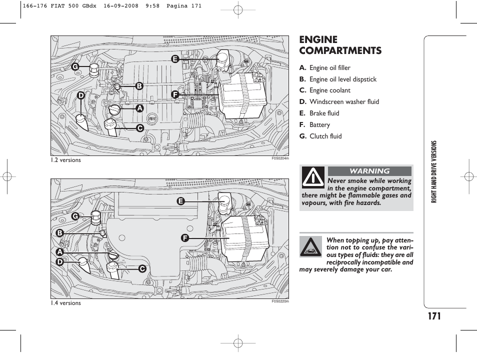Engine compartments | FIAT 500 User Manual | Page 172 / 178