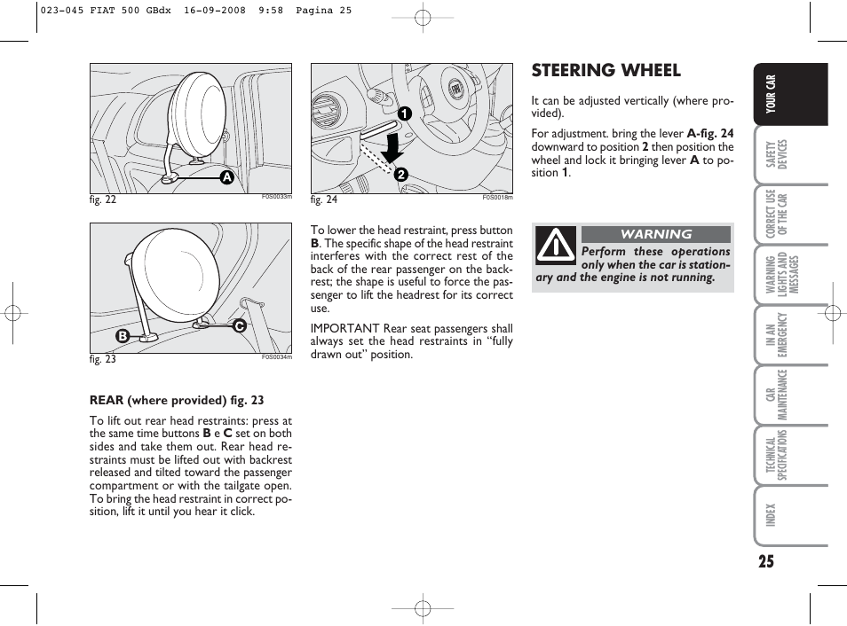 Steering wheel | FIAT 500 User Manual | Page 26 / 178